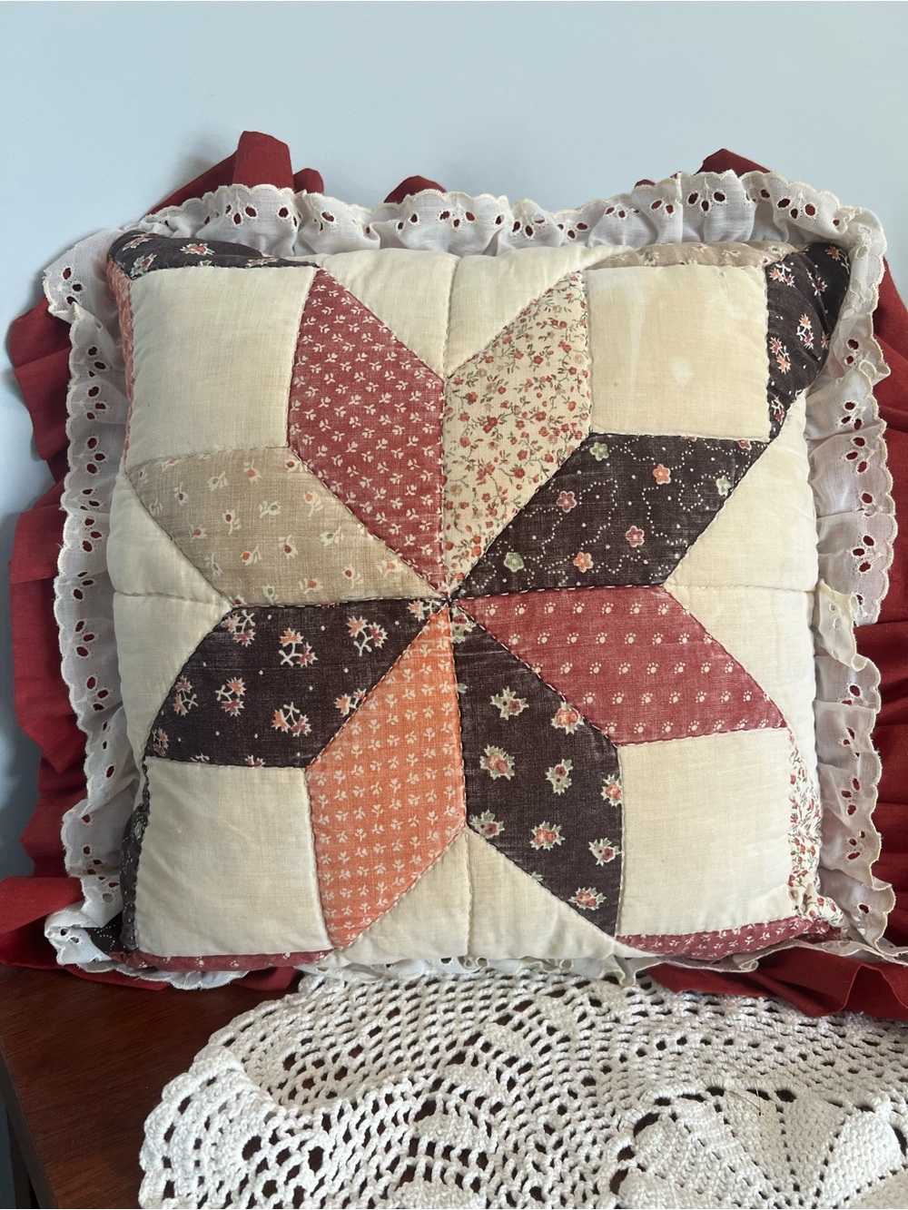 Handmade Patchwork Star Decorative Pillow in Cream, Rust & Brown